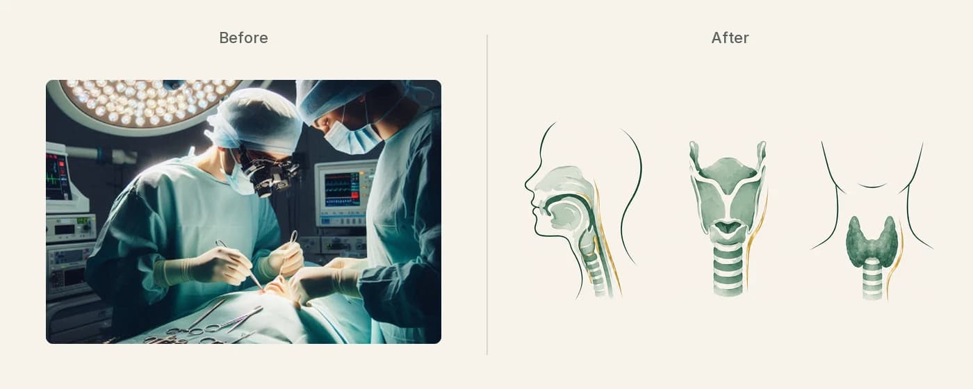 Before and after. Before: a photograph of surgeons in an operating theatre bent over a patient under bright surgical lights. After: three soft line sketches with a pale green watercolour wash, showing a head and throat in profile, the larynx, and the thyroid at the base of the neck, each with a small gold accent.