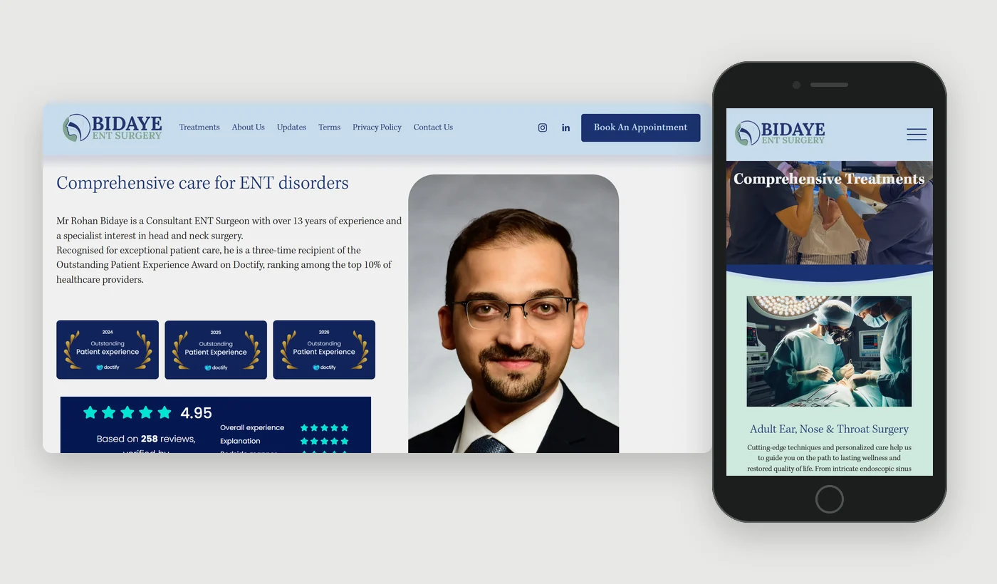 The previous website. Desktop: a pale blue header with the old navy and sage logo and six menu items including Terms and Privacy Policy, the headline "Comprehensive care for ENT disorders", three Doctify award badges and a portrait. Mobile, on a home-button phone: the Treatments page, headed "Comprehensive Treatments" over operating-theatre photographs.