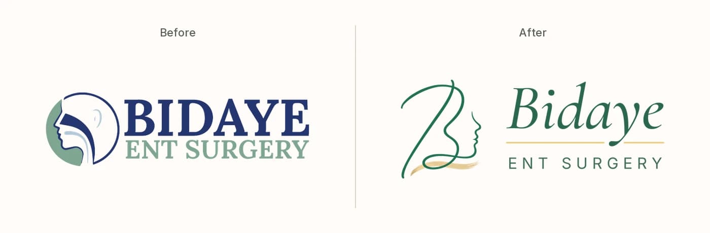 Two logos side by side. Before: a navy circle enclosing a head profile with the airway drawn inside it, beside BIDAYE in heavy navy capitals over ENT SURGERY in sage. After: a single-line forest green B whose right curve forms a face in profile, with a gold brushstroke beneath, beside Bidaye in a green italic serif over ENT SURGERY in spaced capitals.