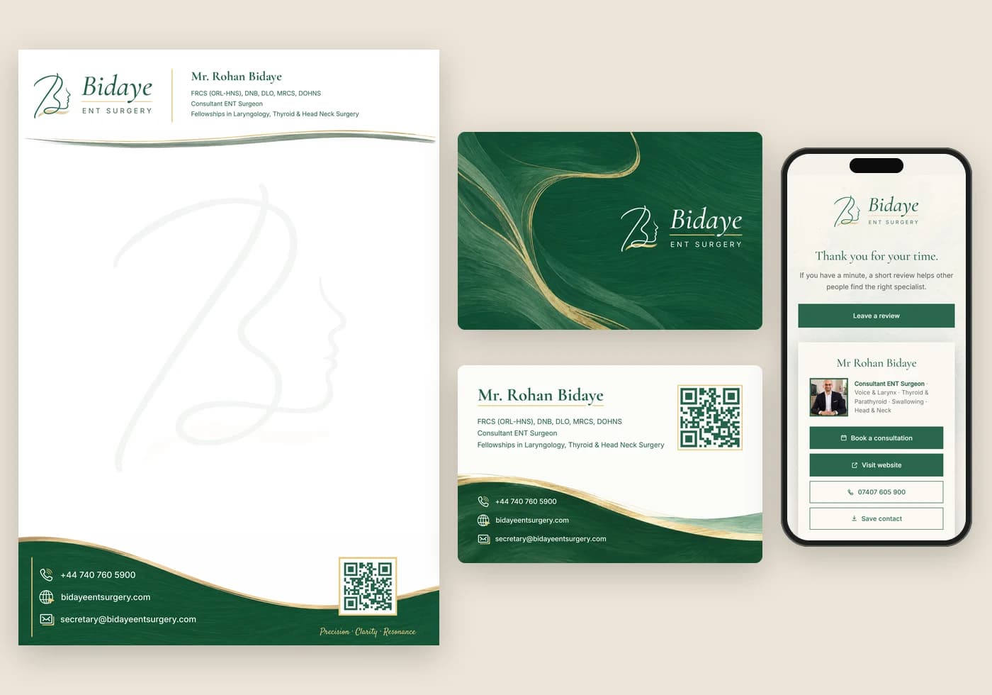 The stationery. A letterhead with the logo and his credentials at the top, a faint oversized B symbol as a watermark, and a painted green footer with contact details and a QR code. A business card front in painted forest green with gold strokes and the white logo, and its back with his name, credentials, contact details and a QR code. Beside them, a phone showing the page the QR code opens: a Leave a review button above a digital card with booking, website, phone and save-contact buttons.