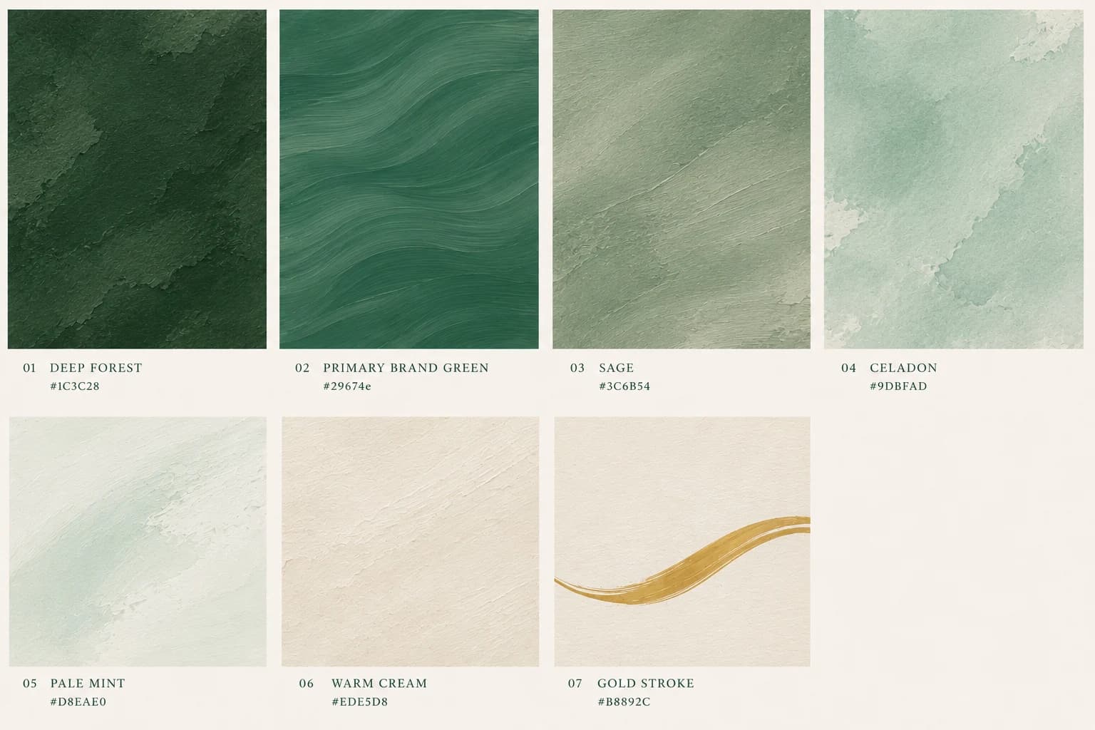 Seven painterly texture swatches in two rows, each labelled with its colour: deep forest, primary brand green with wave-like brushstrokes, sage, celadon wash, pale mint, warm cream, and a single gold brushstroke across cream.